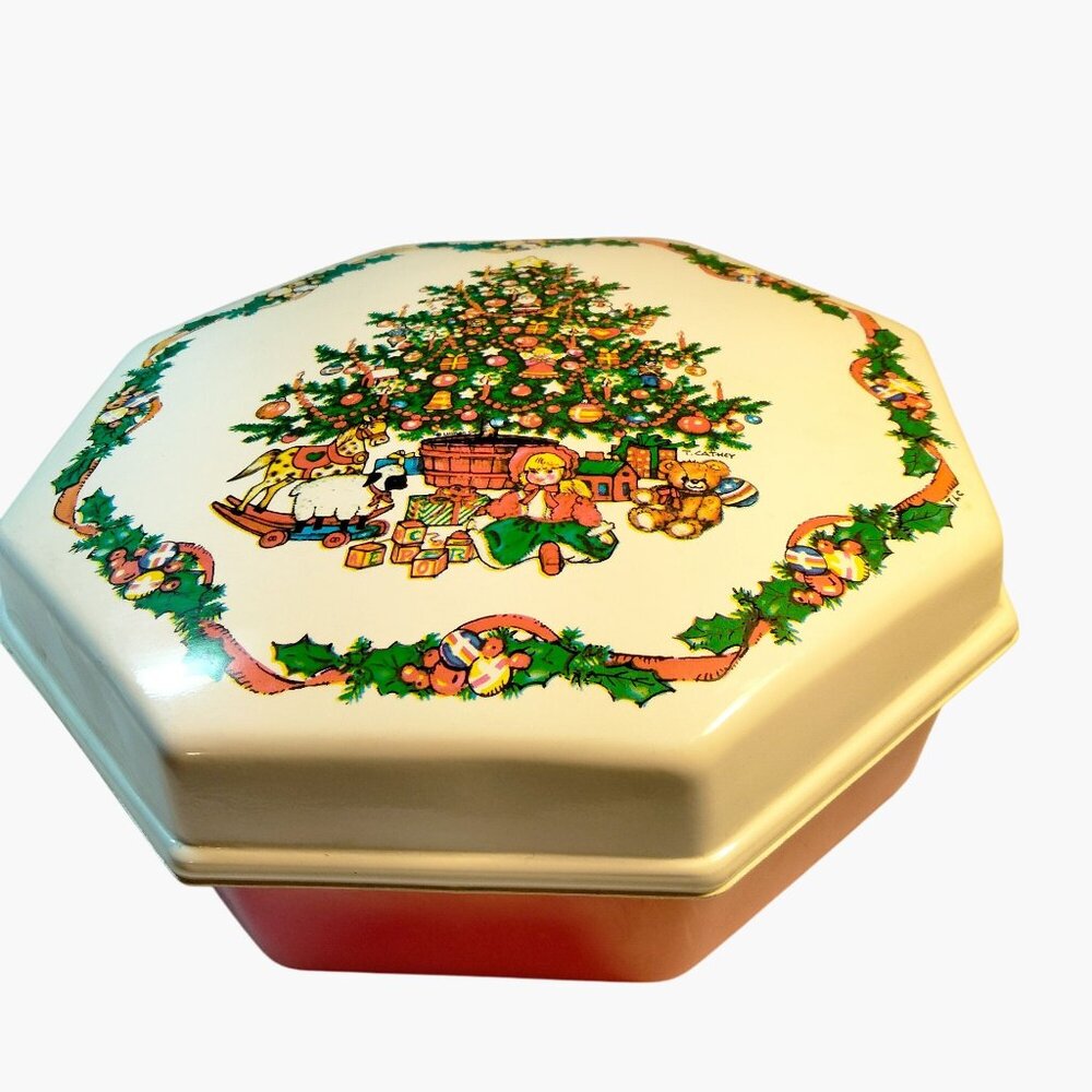 Ullman Christmas Cookie Canister Box Holiday Tree Vintage Octagonal USA
